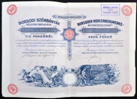 Budapest 1926. "Borsodi Szénbányák Részvénytársaság" 10 részvénye egyenként 10P-ről szelvényekkel, felülbélyegzéssel T:II,II-