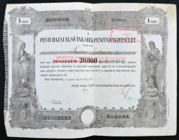 Budapest 1924. "Pesti Hazai Első Takarékpénztár-Egyesület" részvénye 20.000K-ról szelvényekkel, felülbélyegzéssel, szárazpecséttel T:II-,III