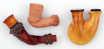 2 db kisméretű tajtékpipa, 1 db cserép, h: 5, 6 és 9 cm