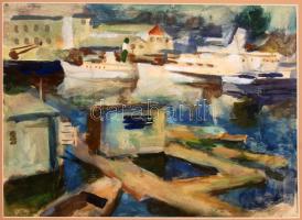 Baranyó Sándor (1920-2001): Szolnoki kikötő. Akvarell, papír, jelzett, üvegezett keretben, 29×39 cm