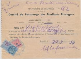 Franciaország / Grenoble 1950. "Grenoble-i Egyetem" Werner Kupferschmied nevére szóló kitöltött váltója bélyegekkel T:III szakadás France / Grenoble 1950. "University of Grenoble" filled note with stamps for Werner Kupferschmied C:F tear