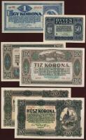 Kis korona hagyaték tétel 1920. 50f,1K,10K 2 klf színvariáns "."-tal, 20K (2x) egyikben felcsúszott "0", összesen 6db bankjegy T:I