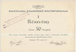 Budapest 1931. "Rákoscsabai Strandfürdő Részvénytársaság" részvénye 50P-ről bélyegzéssel (...