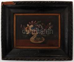 Olvashatatlan jelzéssel: Virágcsendélet. Olaj, vászon, sérült antik keretben, 17×24 cm