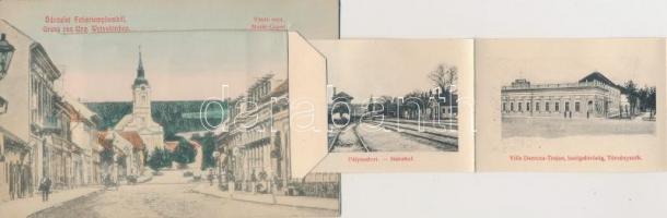Fehértemplom, Weisskirchen; Vásár utca, Marktgasse. Leporellós képeslap belül zsinagógával, vasútáll...
