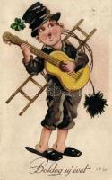 New Year, chimney sweeper with guitar, W.S.S.B. 8321. litho (wet damage)
