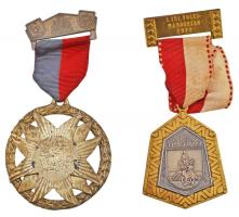 Ausztria 1973. "1. Nemzetközi Túranap Timelkam" aranyozott fém túrajelvény mellszalaggal, "Karl Pichl Innsbruck" gyártói jelzéssel (51,5-64mm) + 1974. "6. Nemzetközi Túranap - Eferding" fém túrajelvény mellszalaggal (64mm) T:2  Austria 1973. "1. International Wandertag - ATSV Timelkam" gilt metal tour badge with ribbon, and makers mark "Karl Pichl Innsbruck" (51,5-64mm) + 1974. "6. International Wandertag - Eferding" tour metal badge with ribbon (64mm) C:XF