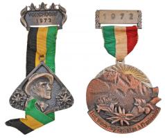 Ausztria 1972. "1. Nemzetközi Túranap Redleiten - Traunstein" fém túrajelvény mellszalaggal és "Karl Pichl Innsbruck" gyártói jelzéssel (68-70mm) + 1973. "Vorchdorf - Luis Trenker" fém túrajelvény mellszalaggal és "Purkert Enns" gyártói jelzéssel (56-58mm) T:2  Austria 1972. "1. International Wandertag Redleiten b. Frankenburg - Traunstein" metal tour badge with ribbon and makers mark "Karl Pichl Innsbruck" (68-70mm) + 1973. "Vorchdorf - Luis Trenker" metal tour badge with ribbon and makers mark "Purkert Enns" (56-58mm) C:XF