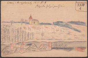 1915 I, világháború, lengyel-orosz front, rajzos tábori postai levelezőlap, Szürke folyó / WW. I. Ps card from the Russian front