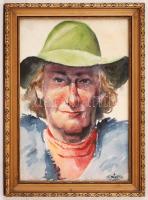 Sostarics Lajos (1896-1968): Kalapos női portré. Akvarell, papír, üvegezett keretben, 28×20 cm