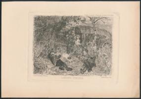 Különféle rézkarcok: Niederlandische Schule, Lagernde Zigeuner, stb, 4db ebből 3db jelzett, 11x13cm,...