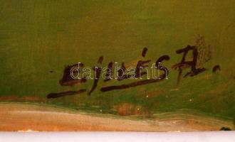 Illés jelzéssel: Nyárfák a ház mellett. Olaj, papír, kis szakadással, 30×40 cm