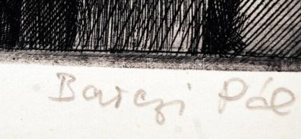 Barczy Pál (1933-2003): Munkástömegek a szovjet pavilon előtt. Rézkarc, papír, jelzett, 19×29 cm