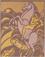 Kádár Béla (1877-1956): Szent György, a sárkányölő. Színes linómetszet a Modern Magyar Magyar Képtár c. mappából (Bp., 1911), 22x17cm