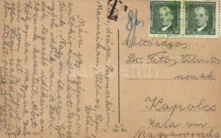 Zólyom, Zvolen; Námestie slobody / Square (postcard with both Hungarian and Czechoslovakian stamps)