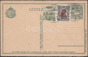 1917 Használatlan hasábos díjjegyes levelezőlap ráragasztott nagyváradi felülnyomású és román bélyeggel