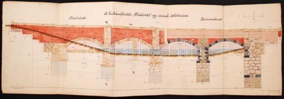 1929 Budapest II. a Lukácsfürdőnél lévő Malom tó egy részének átboltozása. Kézzel rajzolt tervrajz, a tervező aláírásával. Nagyméretű, színezett, kihajtható 104x35 cm
