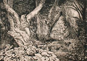 Fáy Aladár (1898-1963):Erdei patak. Linó, papír, jelzett, felcsavarva, 24×35 cm