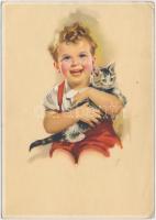 Boy with cat, Verlag Carl Werner Nr. 1301., Fiú macskával, Verlag Carl Werner Nr. 1301.