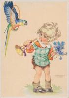 Girl with parrot, Verlag Carl Werner Nr. 1028. s: Lungers Hausen, Kislány papagájjal, Verlag Carl Werner Nr. 1028. s: Lungers Hausen
