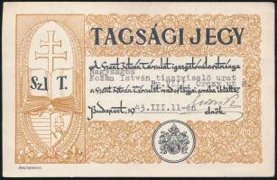 1943 Bp., A Szent István Társulat igazgatóválasztmánya által kiállított tagsági jegy rajta a társulat elnökének aláírásával