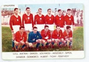 cca 1960 A magyar válogatott tagjait ábrázoló kártya, a csapattagok neveinek felsorolásával