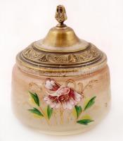 Virágmintás üveg cukortartó fém tartóval és fedővel, az üveg száján csorbákkal, fém tartón kopásnyom...