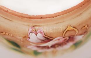 Virágmintás üveg cukortartó fém tartóval és fedővel, az üveg száján csorbákkal, fém tartón kopásnyom...