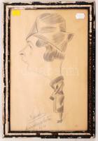 Kondor László (1901-1963): Karikatúra. Ceruza, papír, jelzett, üvegezett keretben, 41×27