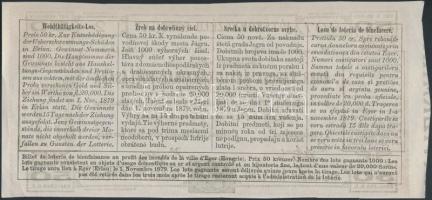 Eger 1879. "Jótékonyczélú sorsjegy - Eger Városa Árvíz-kárainak pótlására" 50kr értékű sor...