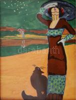 Faragó jelzéssel: Hölgy fekete macskával. Akvarell, papír, keretben, 28×24 cm