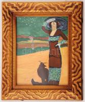 Faragó jelzéssel: Hölgy fekete macskával. Akvarell, papír, keretben, 28×24 cm