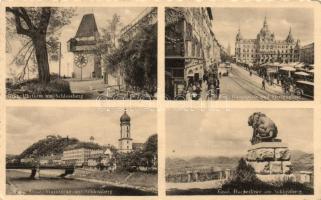 Graz, Uhrturm, Murbrücke, Hauptplatz, Herrengasse, Hackerlöwe / clock tower, bridge, main square, market, street, automobiles