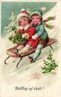 New Year, sledding children, 7230. litho