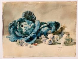 Juszth jelzéssel: Csendélet zöldségekkel, akvarell, papír, 33×43,5 cm