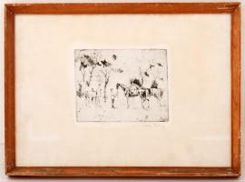 Láng Rudolf (1904-1991): Lovasok. Rézkarc, papír, jelzett, üvegezett keretben, 13×17 cm