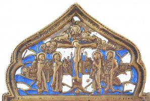 XIX. sz. eleje: Úti ikon, triptichon egy része,orosz, zománcdíszes bronz, Jézus és Mária életéből ve...