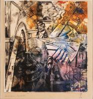 Janitsek András (1949-): Kompozíció. színezett linó, papír, jelzett, üvegezett keretben, 26×23 cm