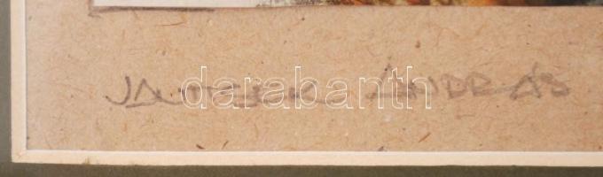 Janitsek András (1949-): Kompozíció. színezett linó, papír, jelzett, üvegezett keretben, 26×23 cm