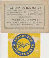 cca 1900-30 Polgári Export sör címke, 7x10cm + Trattoria ai due moreri Fiumei étterem híres kőbányai sört szolgál ki, reklám, papír, 10x15cm