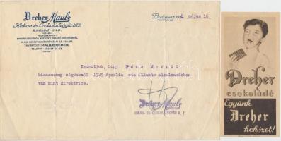cca 1928 Dreher Kakao - és Csokoládégyár R.T. fejléces papír, 14x23cm +Dreher számoló cédula, 13x6cm