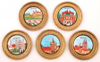 Német városokat ábrázoló poháralátétek, 5 db, d: 10 cm