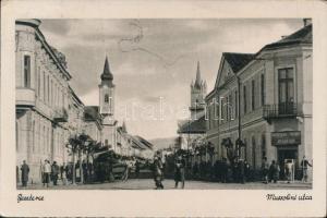Beszterce, Mussolini utca, F. Mendel vendéglője / street, restaurant (EK)