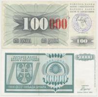 Bosznia-Hercegovina 1992. 100D 100.000D felülbélyegzéssel + 10.000D T:III Bosnia and Hercegovina 1992. 100 Dinara with 100.000 Dinara overprint + 10.000 Dinara C:F