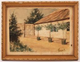 Neogrády jelzéssel: Házudvar. Akvarell, papír, üvegezett keretben, 15×21 cm