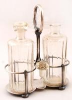 Berndorf ecet és olajtartó fém állvány, jelzett, üvegekkel, dugókon apró lepattanásokkal, 16x20x8 cm