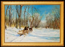 Bánfalvi Gyula: Hazafelé a téli erdőben. Olaj, vászon, jelzett, keretben, 50×70 cm