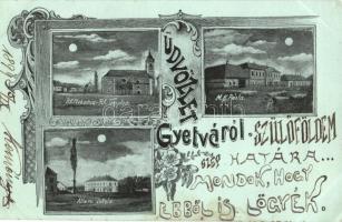 1899 Gyetva, Római katolikus plébánia és templom, posta, állami iskola / Roman Catholic church, post office, school, floral, Art Nouveau (EB)