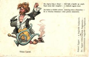 Titán Laczi, Athenaeum L.M.L. & F., Petrol Egger hajápoló és Dr. Egger chlorkálium fogpaszta reklám / Hungarian haircare and toothpaste advertisement, litho (EK)