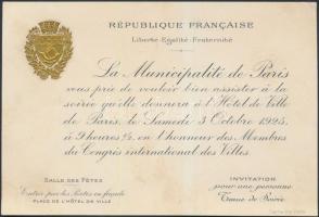 1925 Páris a Városok Nemzetközi Kongresszusának díszvacsorájára szólü meghívó / 1925 Invitation for dinner of the International Congress of the cities in the town hall of Paris